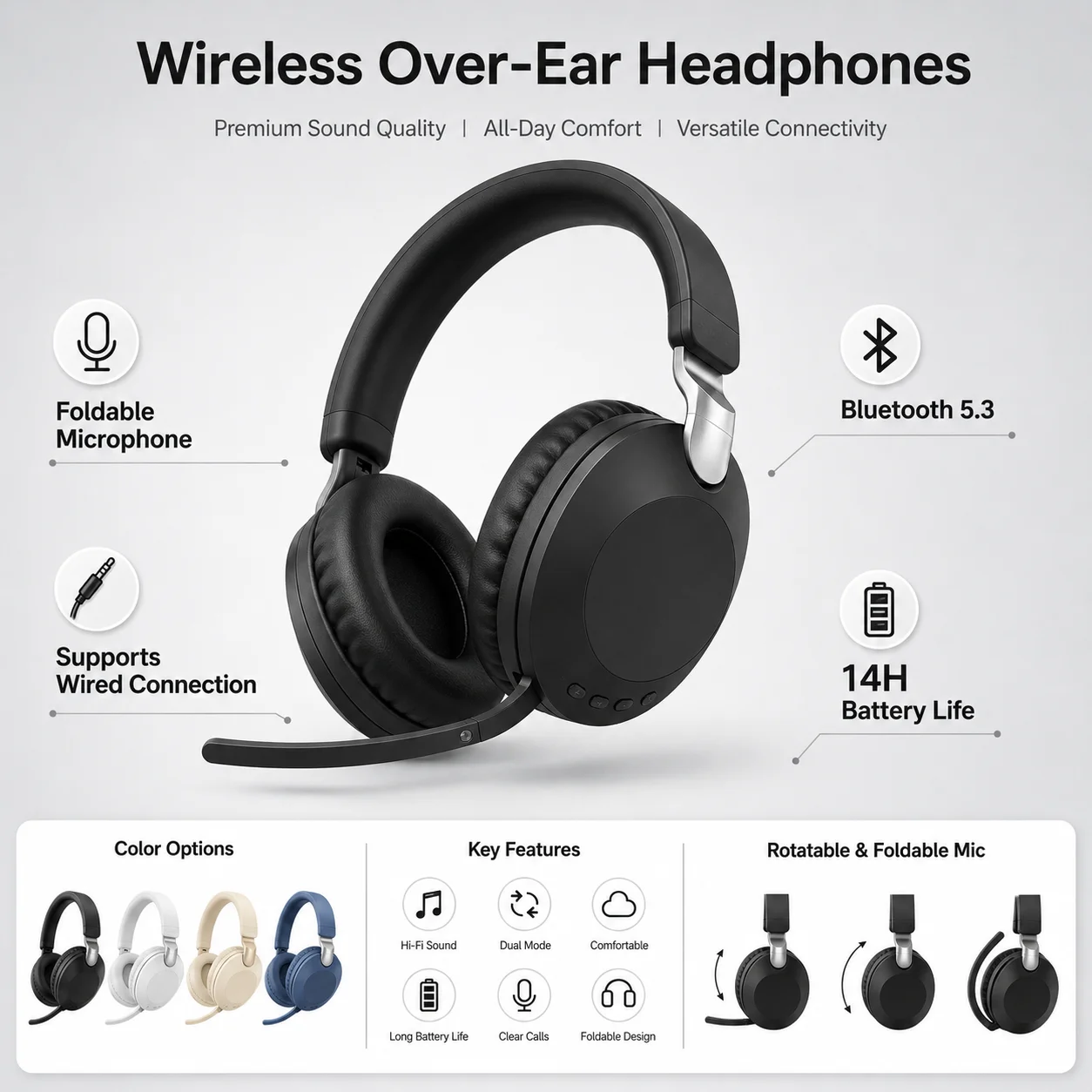 Anc Wireless Over Ear Headphones - Over-ear gamingheadset met Bluetooth, Bluetooth 5.3,