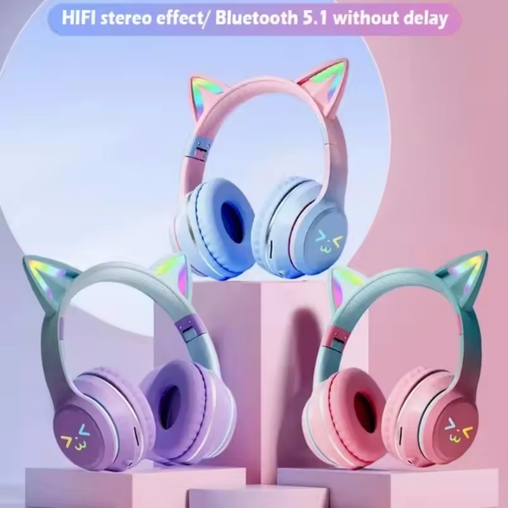 Type C Wired Earphones With Mic - Gradiënt draadloze hoofdtelefoon RGB schattige kattenoor